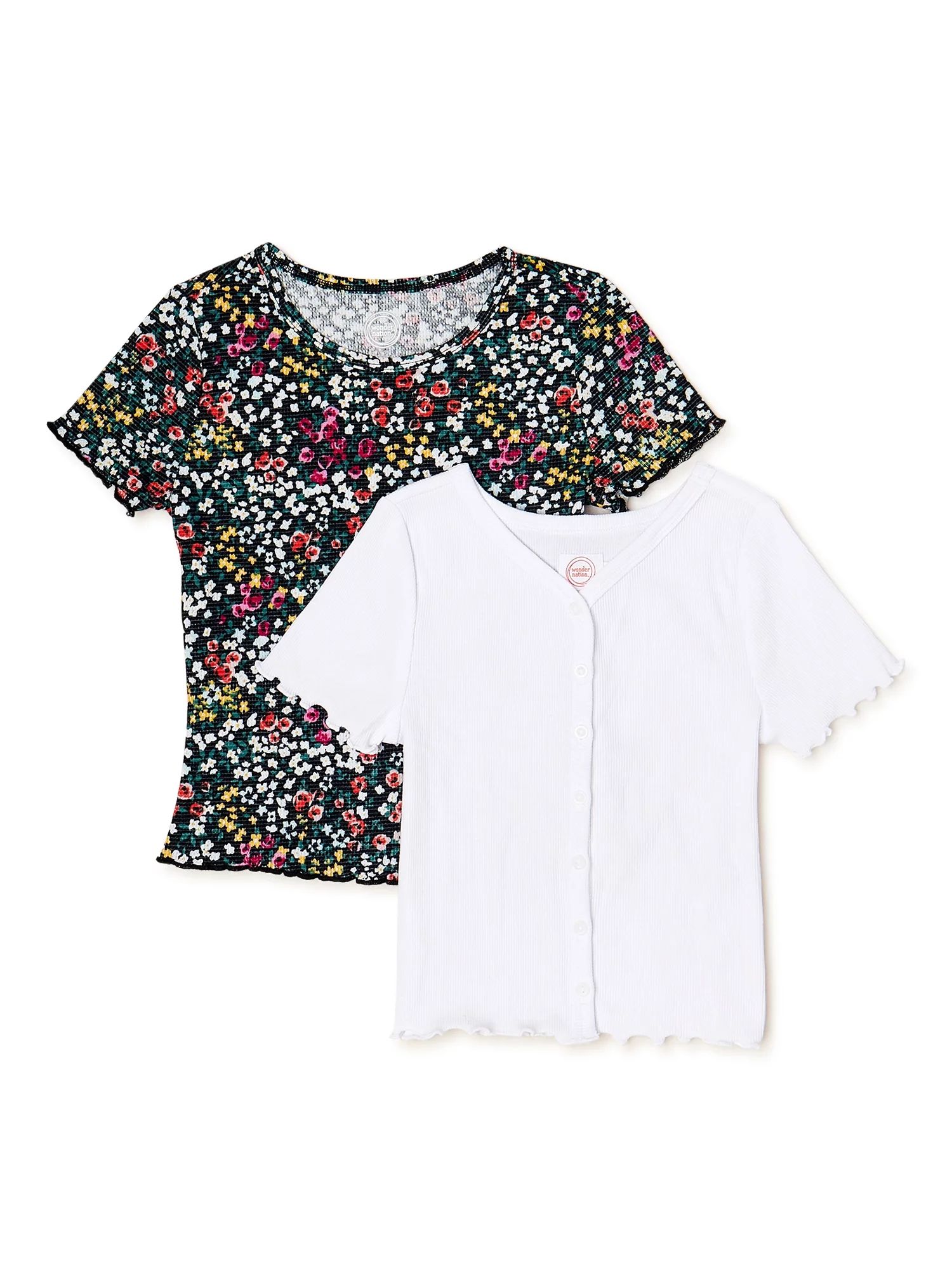 Wonder Nation Girls Waffle Knit & Button-Front Rib T-Shirts, 2-Pack, Sizes 4-18 & Plus | Walmart (US)