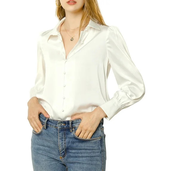INSPIRE CHIC Women's Button Up Shirts Puff Long Sleeves Vintage Satin Wear-to-Work Blouse L White | Walmart (US)