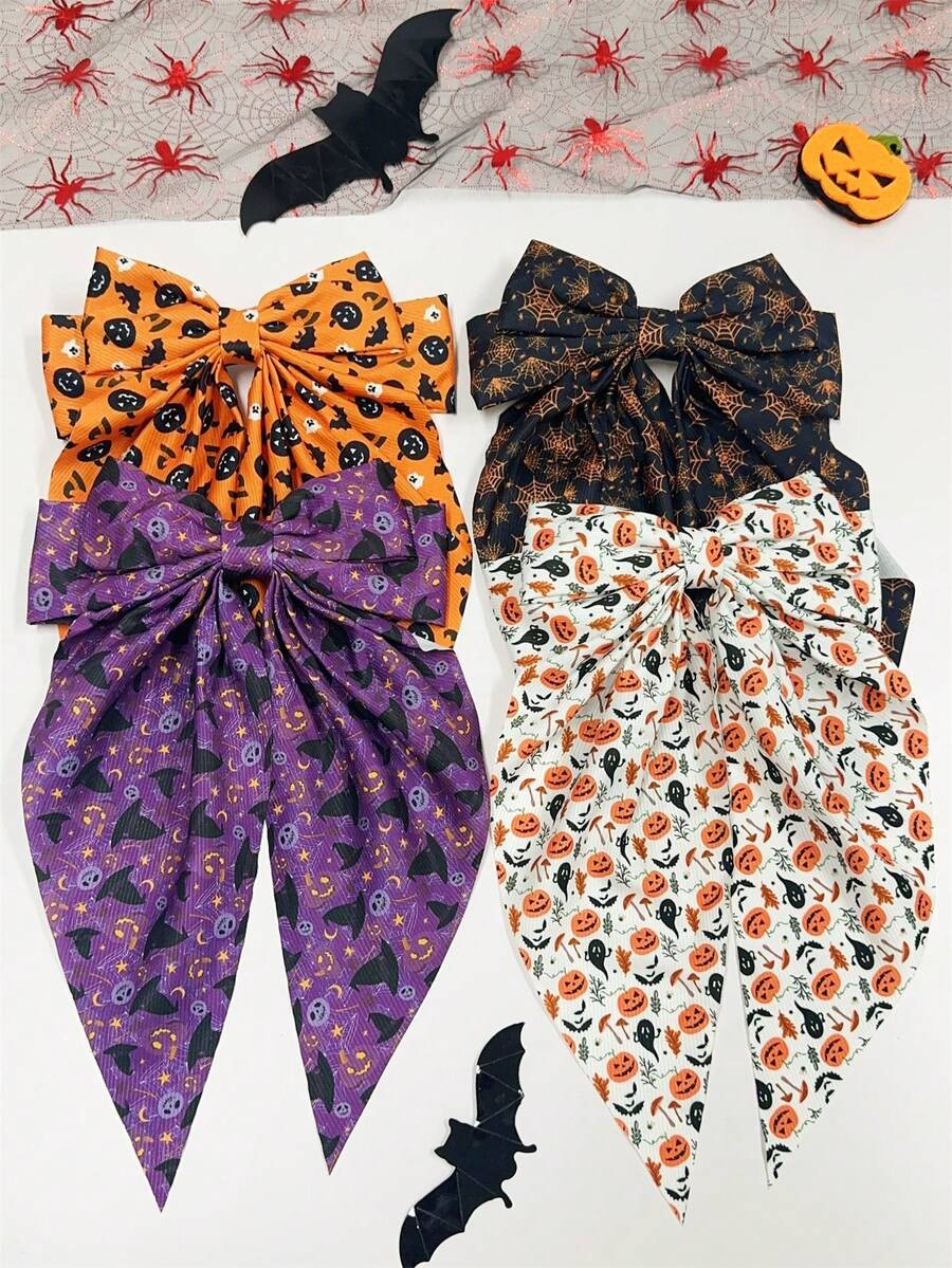 4pcs/6pcs Halloween Gothic Style Fabric Pumpkin, Skull, Spider Web, Ghost Bowknot Hair Clips, Pon... | SHEIN