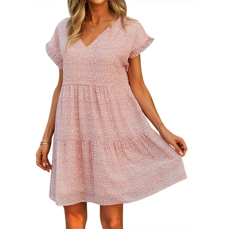 ZXZY Women Floral Printed Ruffled Sleeves V Neck Babydoll Mini Dress | Walmart (US)