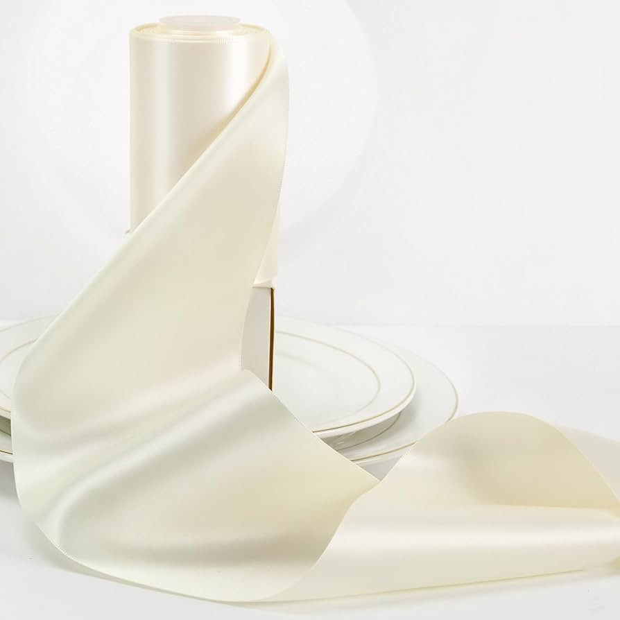 HUIHUANG 4 inch Wide Satin Ribbon Ivory Solid Color Double-Faced Satin Ribbon Thick Ribbons for W... | Amazon (US)
