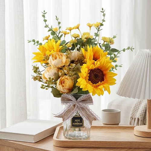 CEWOR Fake Flowers in Vase, Artificial Flowers with Vase Faux Silk Floral Arrangement Table Centerpieces Decor for Home Office Dining Farmhouse Coffee Table Living Room Bathroom Plant Decor(Yellow) | Amazon (US)