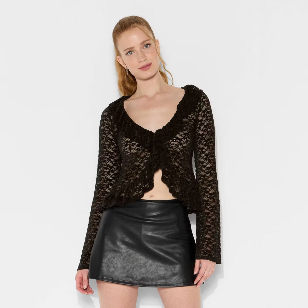 Women's Long Sleeve V-Neck Flyaway Brushed Lace Top - Wild Fable™ | Target