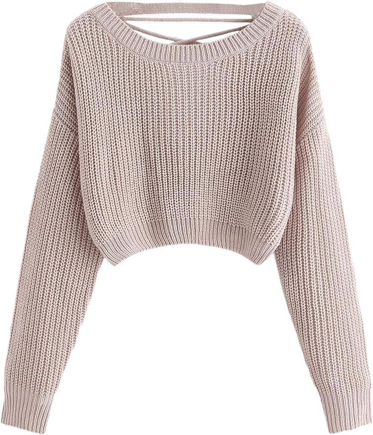 SweatyRocks Women's V Neck Twist Back Loose Fit Knit Pullover Sweater | Amazon (US)