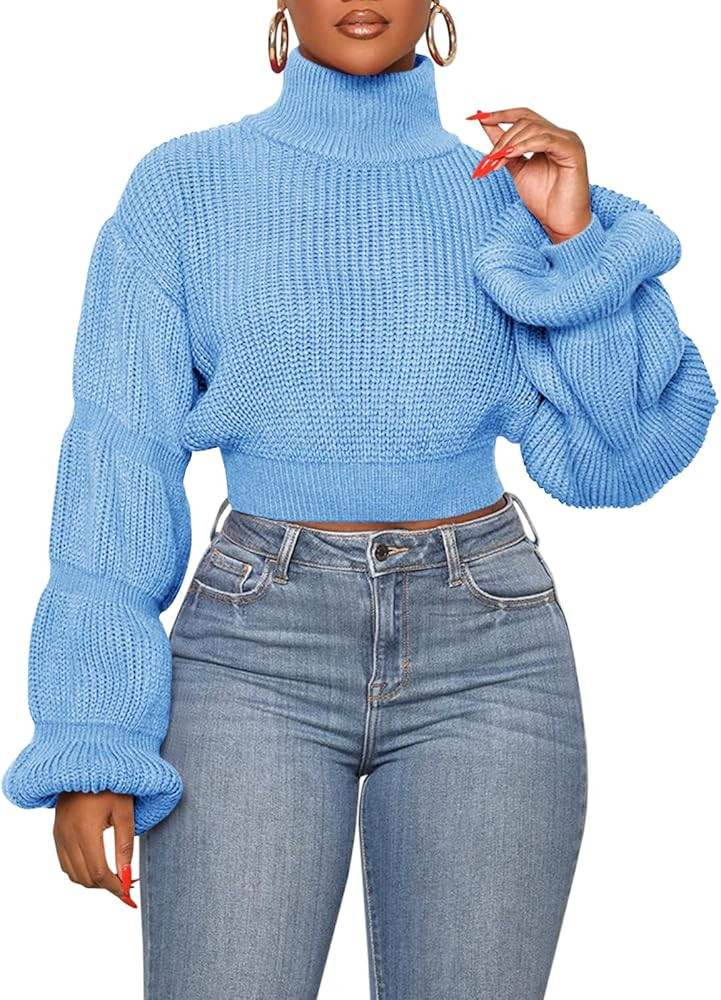 Saodimallsu Womens Cropped Turtleneck Sweater Balloon Sleeve Knit 2024 Fall Winter Jumper Pullove... | Amazon (US)