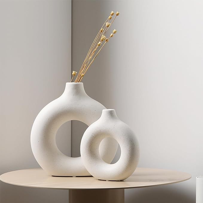 White Ceramic Vase Set 2 for Modern Home Decor, Hollow Round Matte Pampas Vase - Scandinavian Min... | Amazon (US)