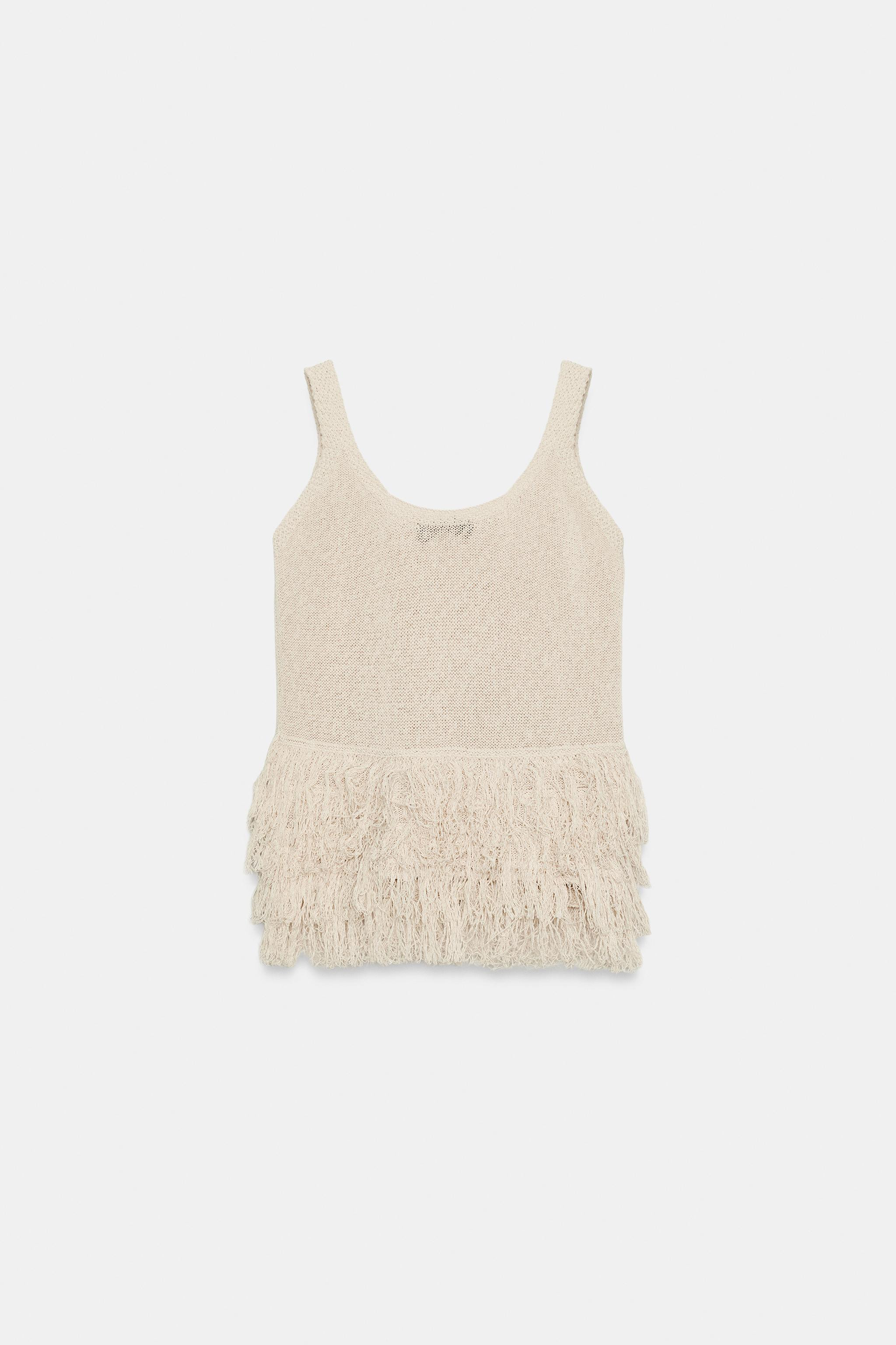 Round neck top with wide straps and a fringed hem. | Zara US