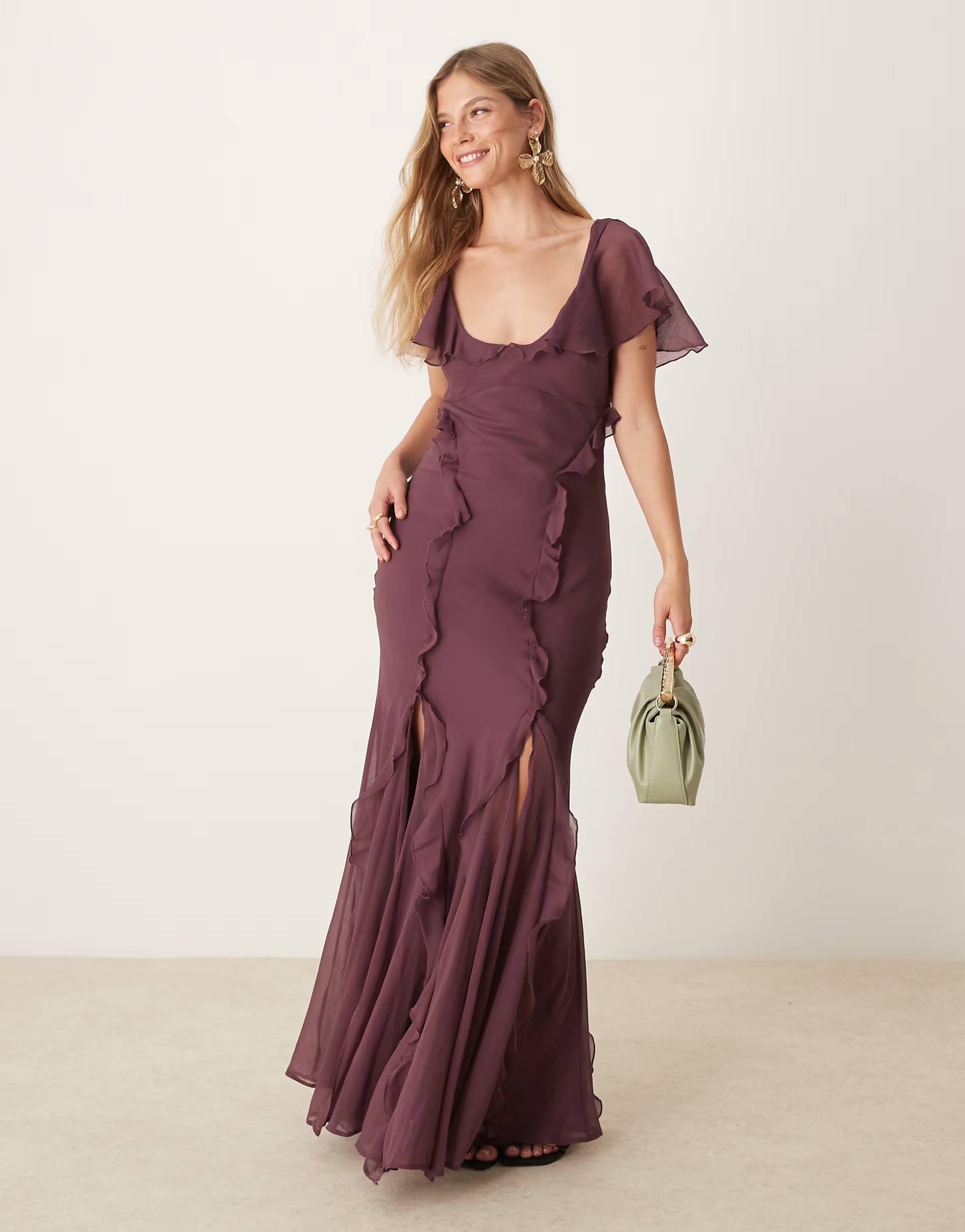 ASOS DESIGN flutter sleeve ruffle godet maxi dress in aubergine | ASOS (Global)
