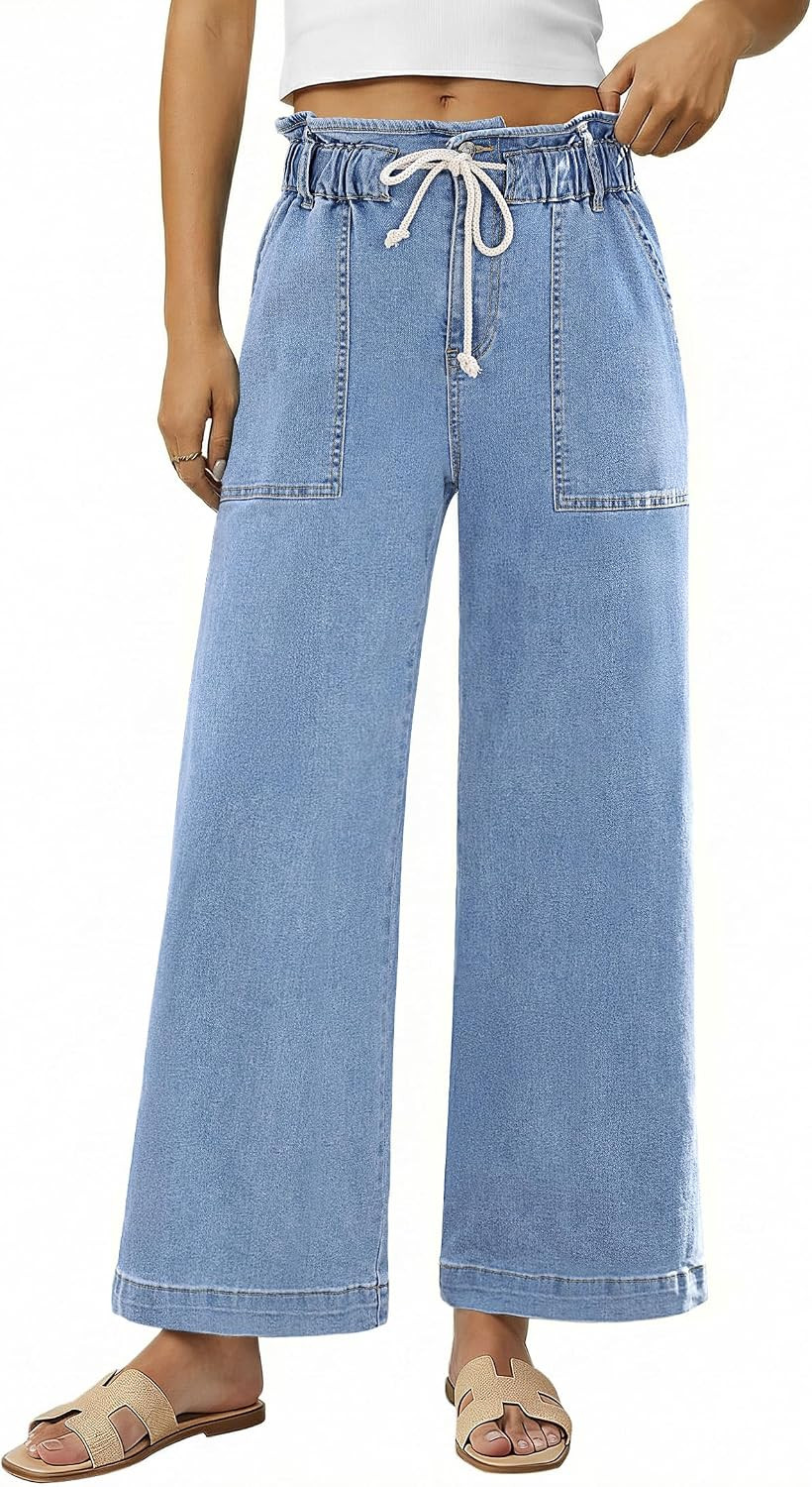 luvamia Wide Leg Jeans for Women Trendy High Waisted Elastic Waist Paperbag Drawstring Stretchy Denim Pants Trouser Jeans | Amazon (US)