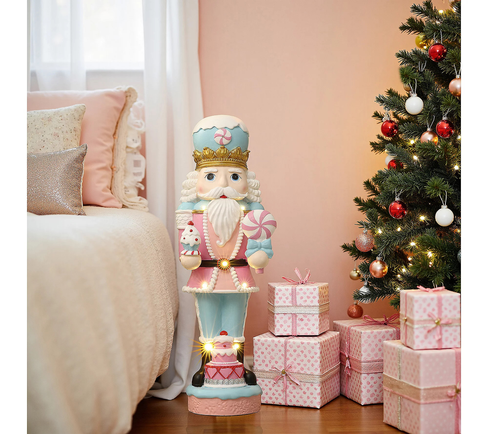 LuxenHome 3ft Lighted Pink Nutcracker with Cake, Xmas Decor | QVC