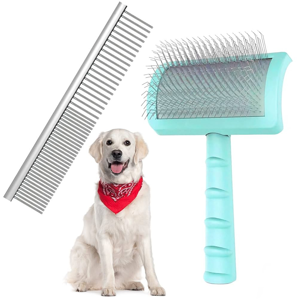 Large Slicker Brush & Green-comb Value Kit, Extra Long Pin Dog Grooming Brush for Curly Hair Gold... | Amazon (US)