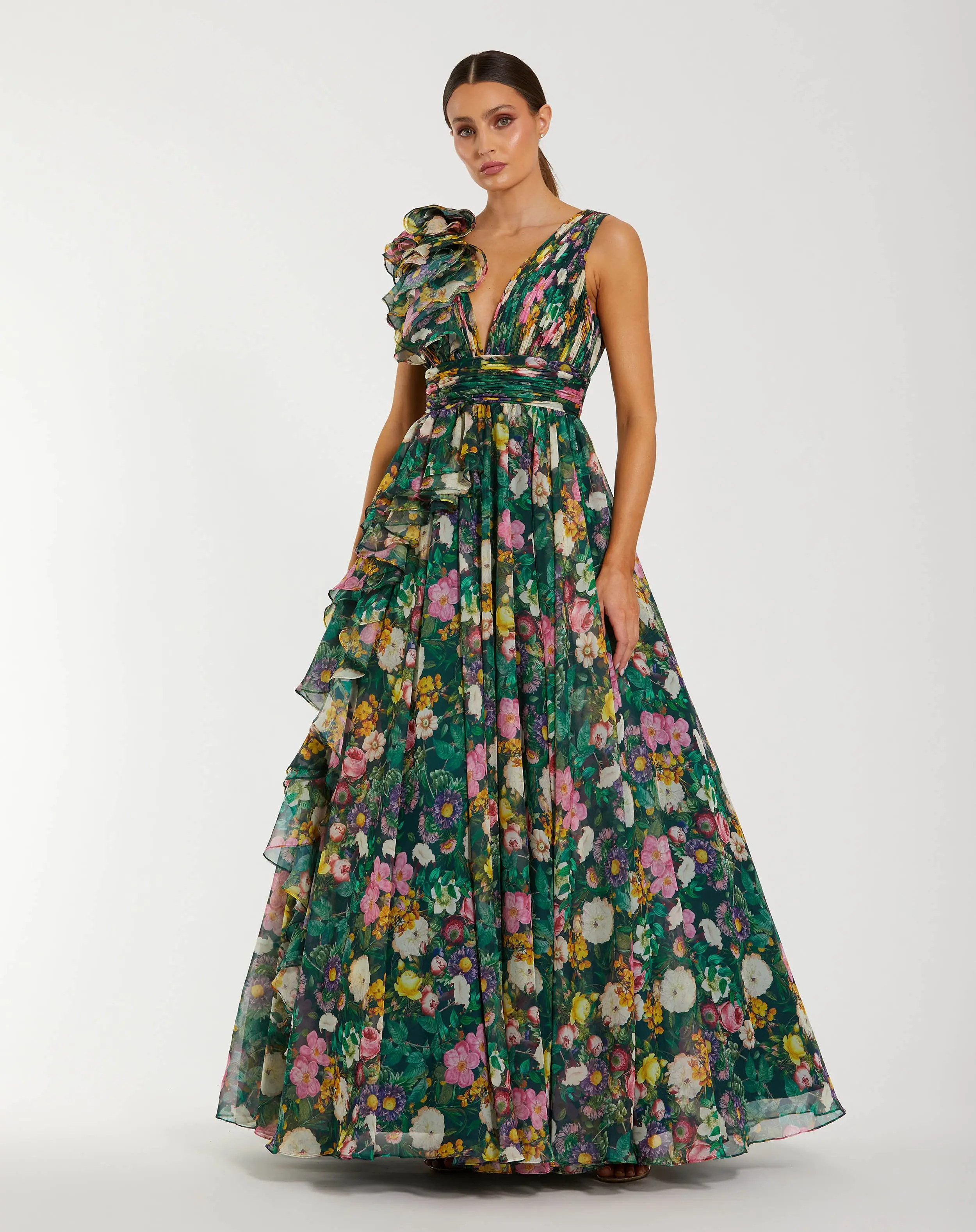 Green Sleeveless V-Neck Floral Chiffon Ruffle Ball Gown | Mac Duggal | Mac Duggal