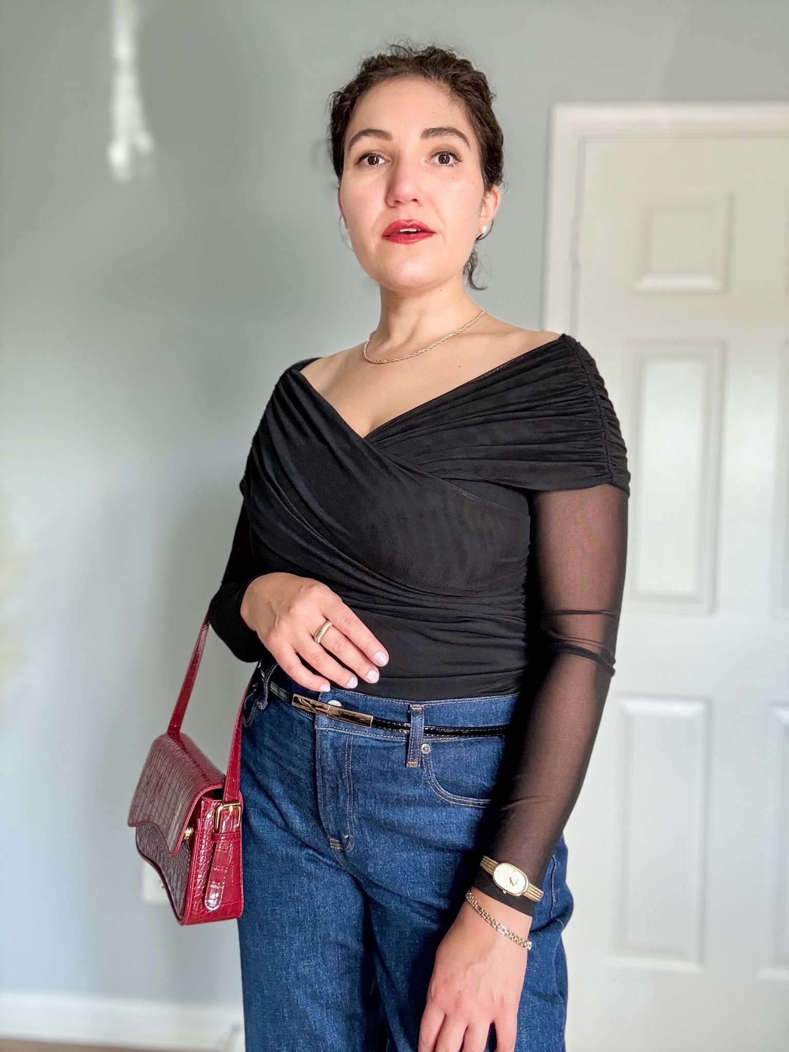 Mesh top, fall outfit, date night outfit, red bag, jeans 

#LTKOver40 #LTKStyleTip