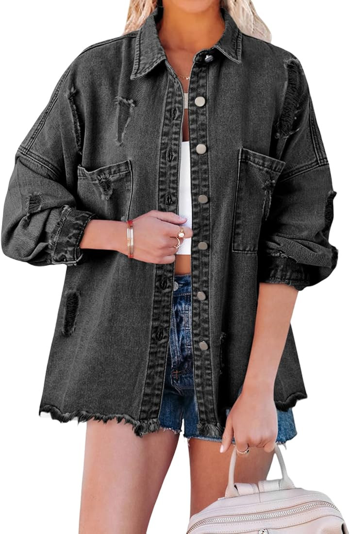 EVALESS Jean Jacket for Women Distressed Frayed Denim Jacket Ladies Ripped Stretchy Jacket With P... | Amazon (US)