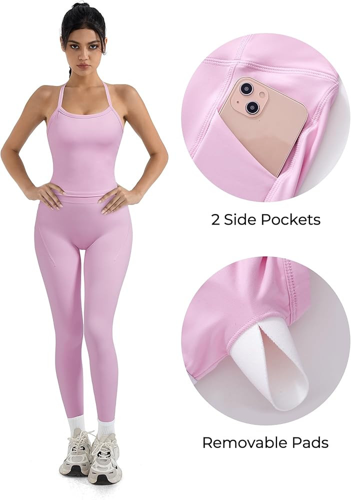 SUUKSESS Women 2 Piece Workout Sets Compression Tummy Control Leggings with Pockets Halter Built ... | Amazon (US)
