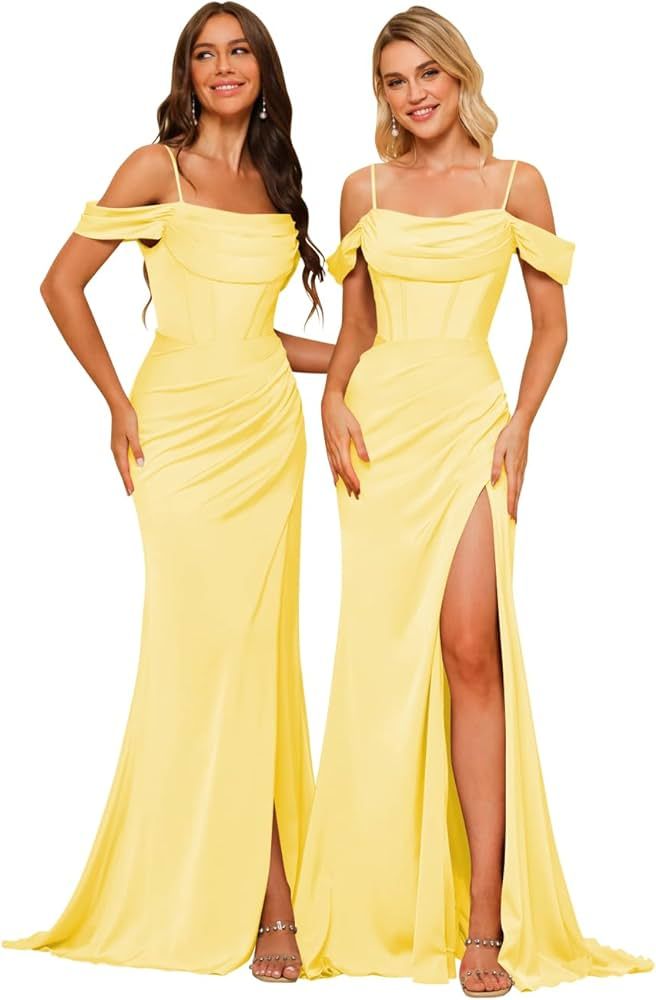 Long Satin Bridesmaid Dresses for Women Spaghetti Strap Prom Dress with Silt PU070 | Amazon (US)