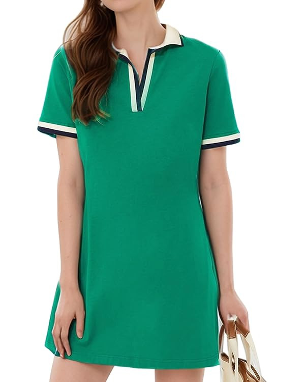 Kissonic Polo Dress for Women V Neck Short Sleeve Flowy Contrast Color Golf Tennis A Line T Shirt... | Amazon (US)