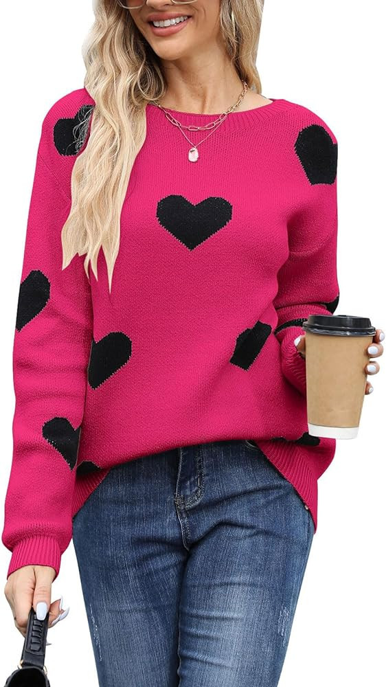 Cogild Women Cute Heart Sweaters Casual Lattern Sleeve Crew Neck Knit Pullover Sweater Top | Amazon (US)