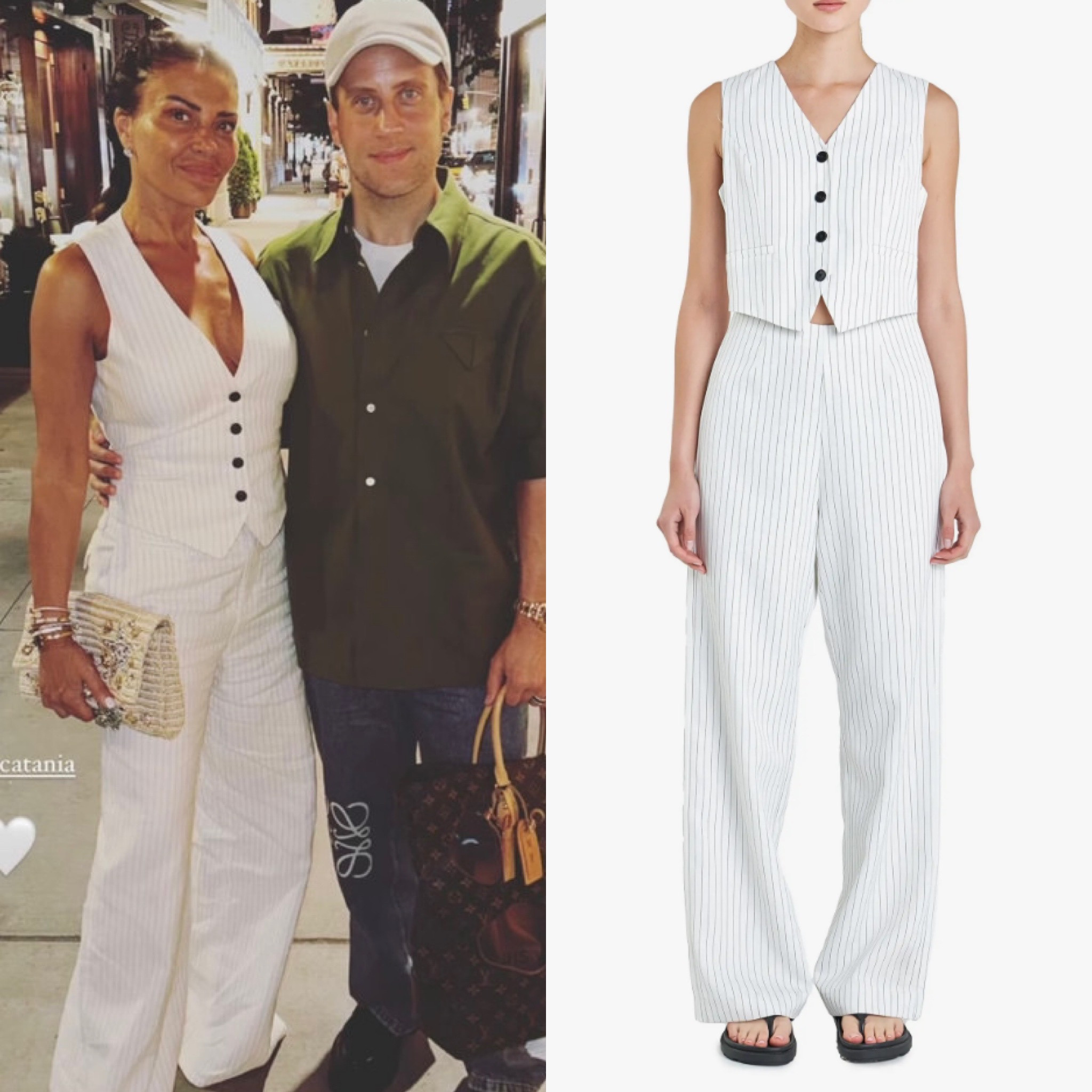 Dolores Catania’s White Pinstriped Jumpsuit 📸= @dolorescatania 