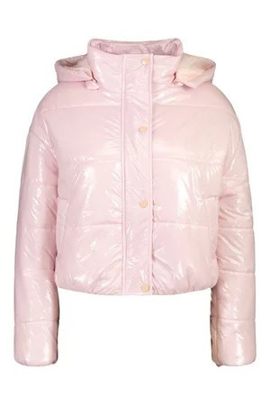 Petite Hooded Crop High Shine Coat | Boohoo.com (US & CA)