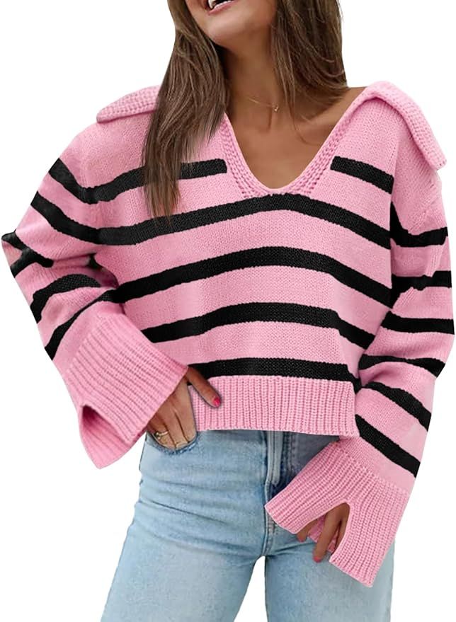 Saodimallsu Womens Striped Sweater V Neck Collared Fall Trendy Knitted Long Sleeve Loose Pullover... | Amazon (US)