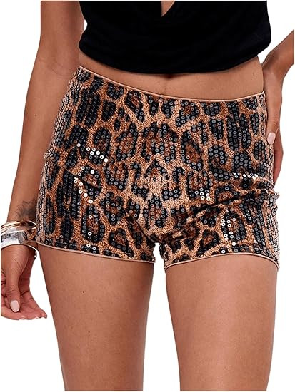 Women's Leopard Sequin Mini Shorts Drop Waist Skinny Y2K Shorts Club Rave Bottoms | Amazon (US)