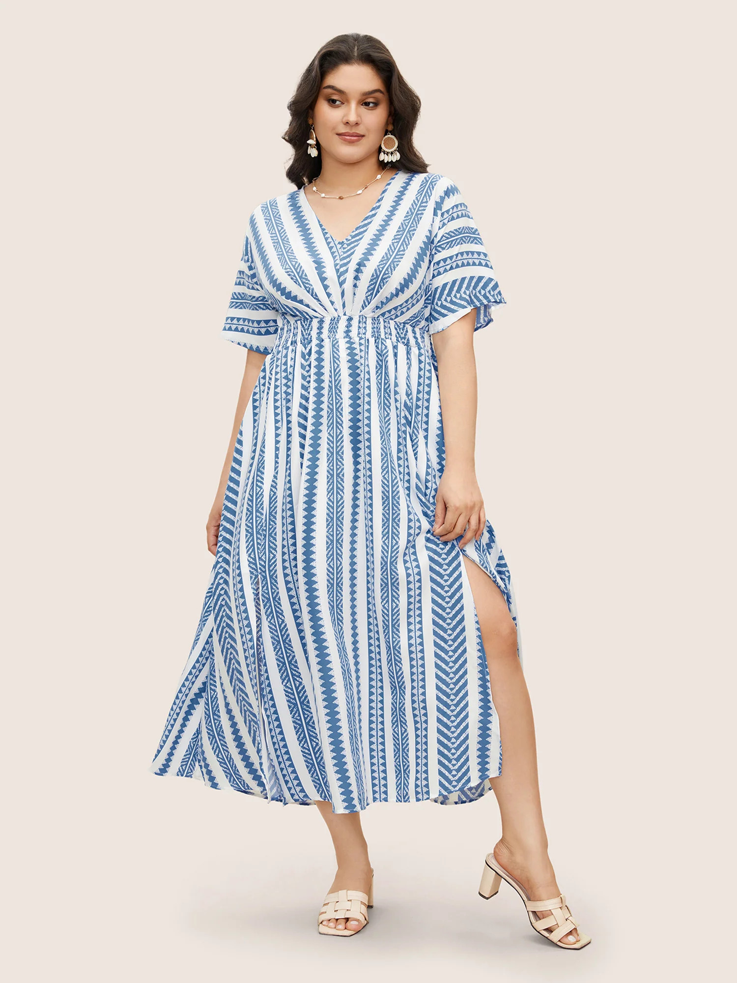 Solid Geometric Dolman Sleeve Pocket Shirred Split Hem Dress | Bloomchic