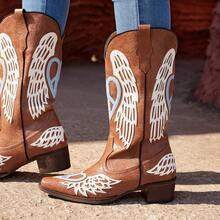 Styleloop Women's Brown Vintage Western Boots With Carved Flowers, Embroidery And Faux Leather,Women's Mid Calf Boots,Fashionable European Style Women | SHEIN