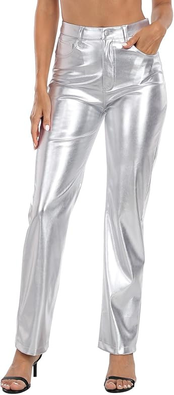 HDE Women's Shiny Metallic Faux Leather Pants High Waisted Straight Leg Trousers | Amazon (US)