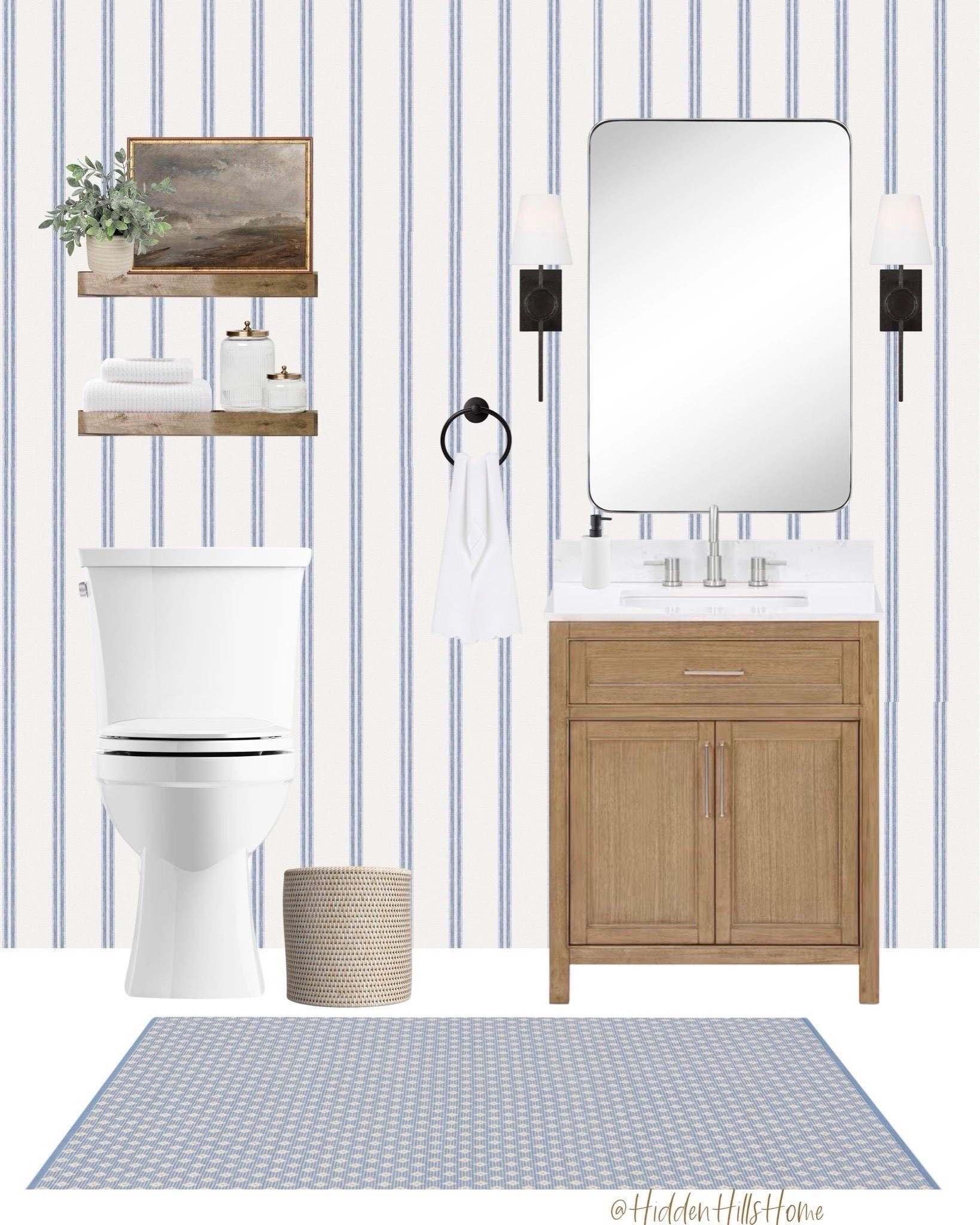 Coastal powder room mood board, modern classic bathroom mood board, striped wallpaper, powder room #bath 



#LTKHome #LTKSaleAlert #LTKSeasonal