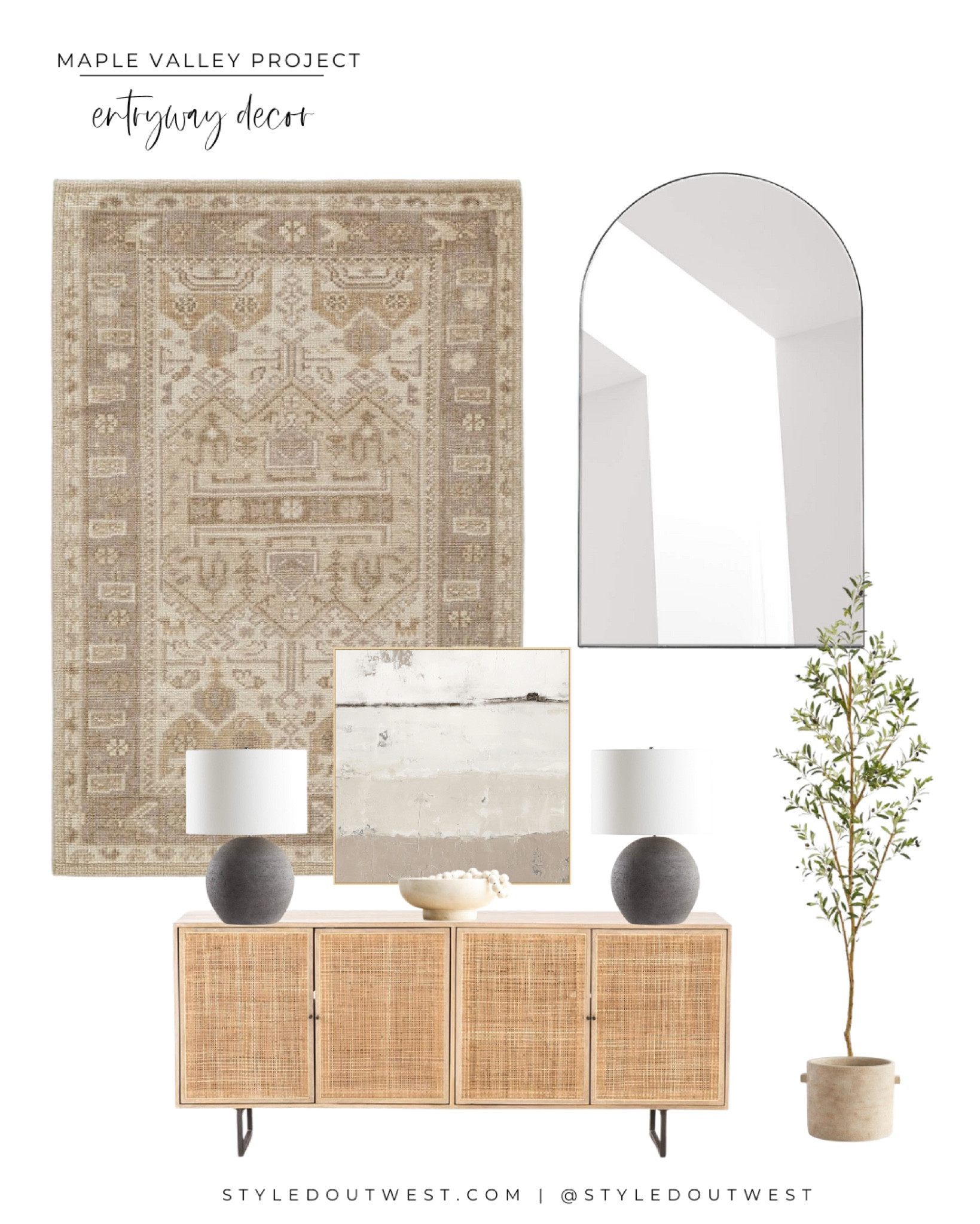 Entryway style

Arched mirror, cane console, console table, vintage rug, lamps, art, olive tree 

#LTKstyletip #LTKhome #LTKfamily