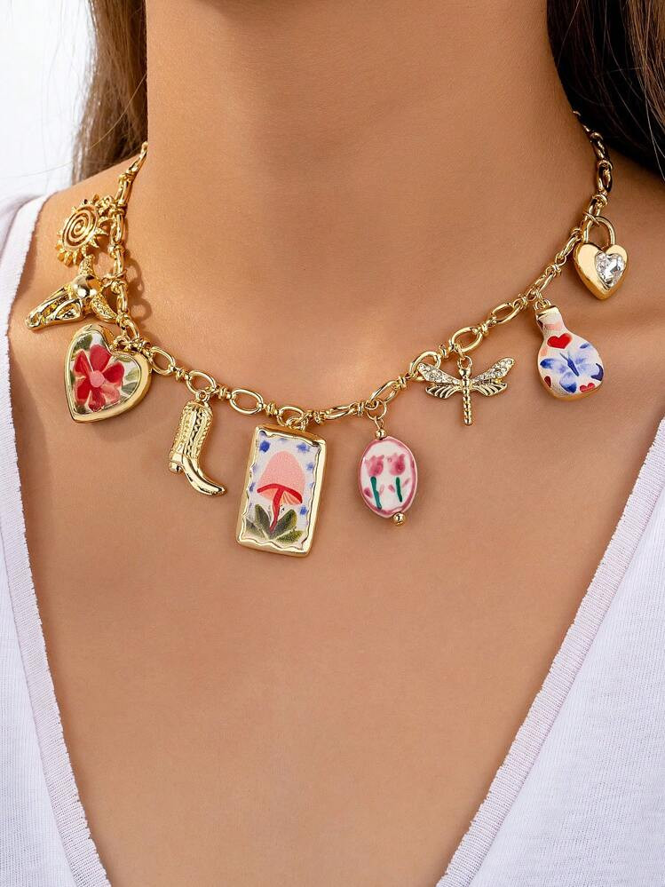 1pc Boho Style Charm Necklace, Heart & Flower Ceramic Charms Necklace For Women, Multi-Charm Jewe... | SHEIN