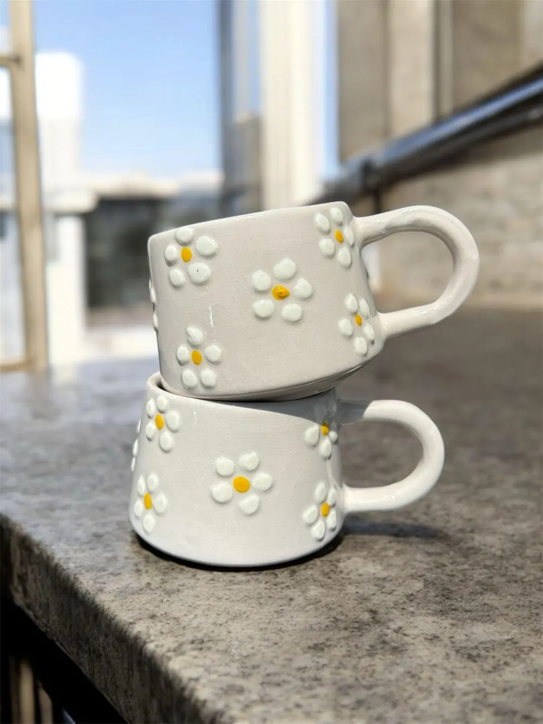 Set of 2 Handmade Daisy Mugs White Flower Ceramic Coffee Cups Embossed Pottery 200ml - Etsy | Etsy (US)