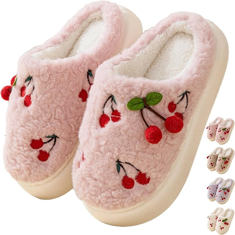 Cherry Slippers Women's Cute Fruit Soft Fleece Slipper - Winter Warm Plush Slip On House Shoes - ... | Amazon (US)