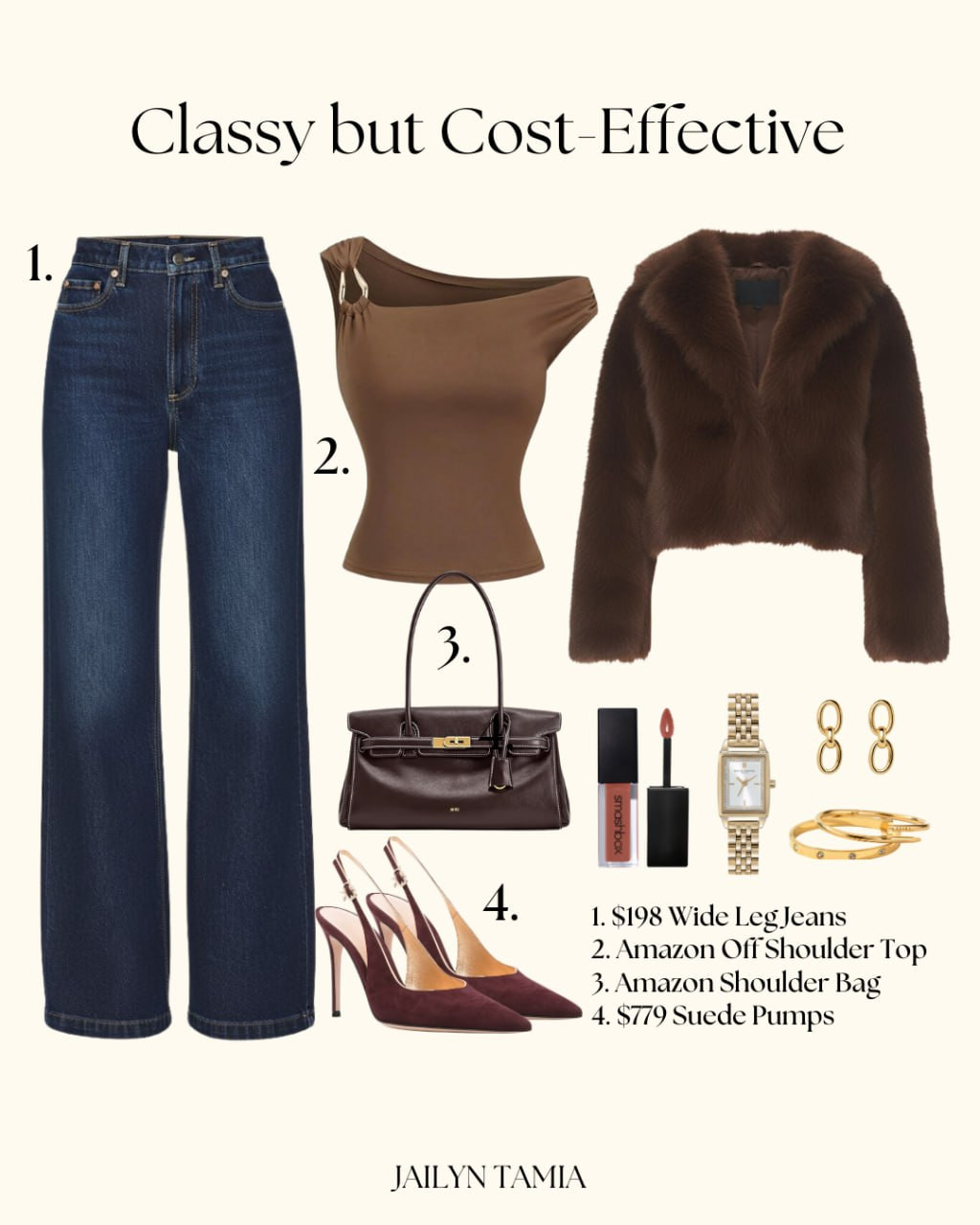 Classy But Cost-Effective 

// Classy, Classy Outfit, Classy Clean Chic, Classy Dress, Trending, Trendy, Trendy Outfits, Casual, Casual Outfits, Casual Chic, Comfy Casual, Chic Casual, Womens Casual Outfit, Casual Style, Fashion, Outfits, Outfit Ideas, Outfit Inspo, Off Shoulder Top, Wide Leg Jeans, Faux Fur Jacket, Shoulder Bag, Suede Pumps, Accessories, Jewelry, Earrings, Bangle Bracelet, Watches Women, Liquid Lipstick 

 #LTKCyberWeek #LTKootd #LTKFindsUnder100