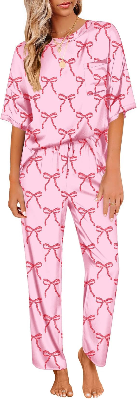 Ekouaer Womens Satin Silky Pajama Set Short Sleeve Shirt with Long Pajama Pant Set Soft PJ Lounge... | Amazon (US)