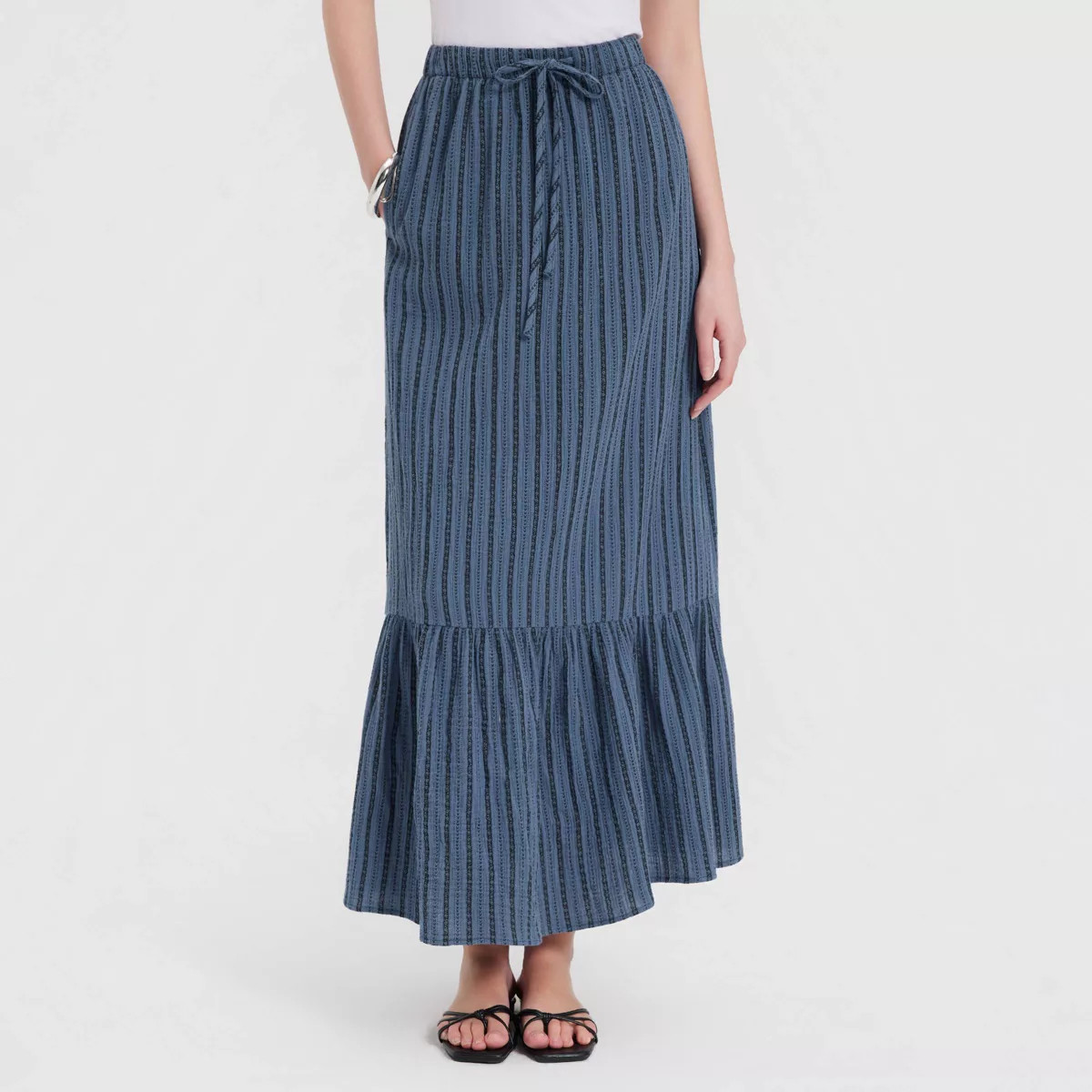 Women's Mid-Rise Tiered Skirt - Universal Thread™ Blue Striped XS | Target
