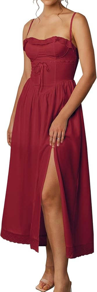 Summer Lace Midi Dress Spaghetti Strap Flowy A Line Slit Swing Dresses Sundresses for Women 2024 ... | Amazon (US)