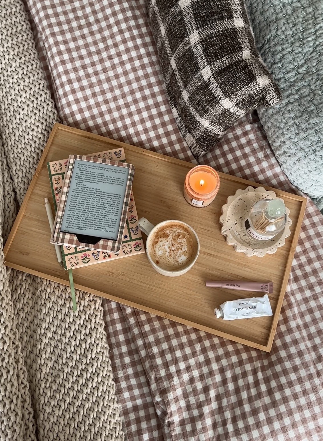 Cozy mornings>>>

All I need is a latte and my kindle!

All my must haves for my morning routine
- Wooden tray
- Scalloped tray and candle
- Matches
- Cozy gingham bedding
- Journal 
- Kindle and cute Clover House Kindle case
- Cuticle oil 
- Lotion
- Latte 

Amazon home, bedding, home decor

#LTKHome