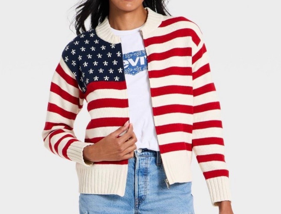 Americana Cardigan 
Flag Sweater
Patriotic
I’ve had this in my cart. We went to Target yesterday and they had 2 left and one was my size. It’s so cute! 🇺🇸

#LTKootd #LTKMidsize #LTKSeasonal