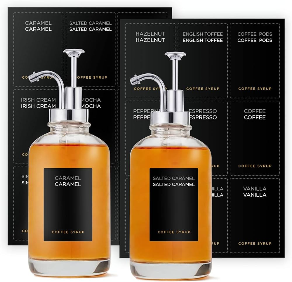 Joyfulmap 2 Coffee Syrup Dispenser with 18 Labels, Coffee Pump Dispenser Coffee Bar, Minimalist G... | Amazon (UK)