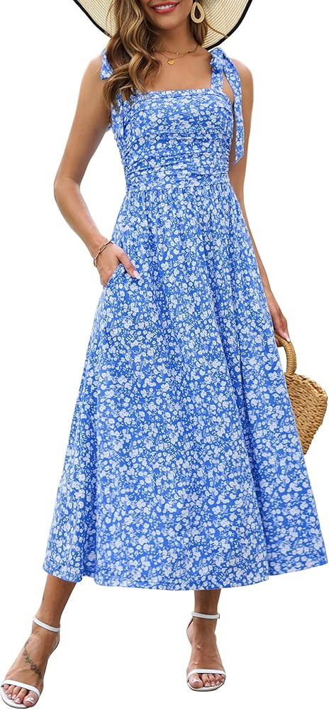 Zattcas Womens 2025 Summer Spaghetti Strap Floral Maxi Dress with Pockets Smocked Flowy Long Beac... | Amazon (US)