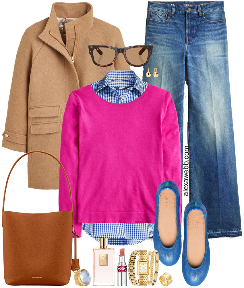 Plus Size Pink Sweater Preppy Outfits - A plus size casual outfit with a plus size bright pink sweater layered over a blue gingham shirt, wide leg jeans, blue flats, and a camel wool coat. A cute, preppy, and bright plus size outfit for casual days this winter into spring. Alexa Webb 

 #LTKOver40 #LTKMidsize #LTKPlusSize