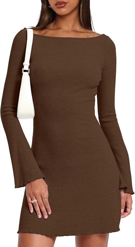 Darong Women's Long Sleeve Boat Neck Mini Dress Ribbed Knit Casual Bodycon A-Line Short Dresses F... | Amazon (US)