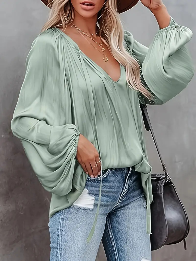 Lantern Long Sleeve Satin Blouse, Elegant V Neck Tops For Spring & Summer, Women's Clothing | Temu Affiliate Program