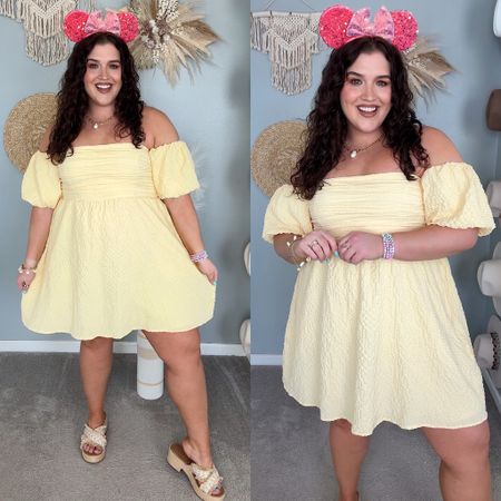 Disney themed amusement park outfits 🏰🐭🎆 Off the shoulder romper. Belle inspired 🌼 Spring/Summer colorful outfits, curvy approved. 
Romper: XL, tall 
Mickey ears custom from a small business on Etsy. Exact styles are sold out, linking similar options from seller
#disneyoutfits 

#LTKstyletip #LTKfamily #LTKplussize