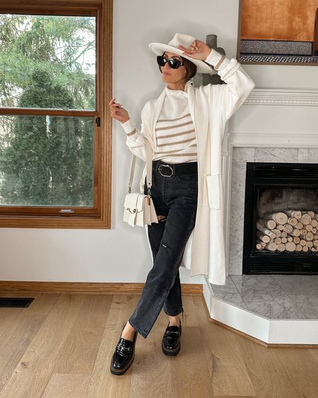 Chunky loafers outfit 
Agolde jeans (linking a similar pair) tts/25
Sezane gold striped sweater
Mango cardi coat
Antero western hat
Strathberry box crescent bag 

#LTKitbag #LTKstyletip #LTKshoecrush