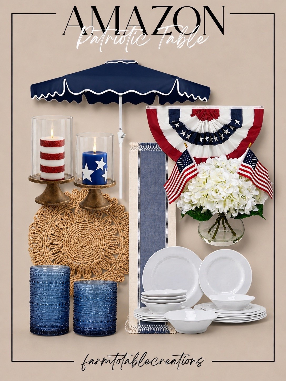 Amazon Patriotic Table Decor

Follow @farmtotablecreations on Instagram for more home styling inspiration.

Red, white, and blue never looked so elevated. 🇺🇸 This patriotic table edit combines classic Americana with timeless textures—from the scalloped navy umbrella and festive bunting to woven placemats, hobnail glassware, hydrangeas, and crisp white dinnerware. Perfect for Memorial Day, the Fourth of July, summer gatherings, and outdoor entertaining.

#amazonfinds #patriotictable #tablescape #outdoorentertaining #homedecor

#LTKSeasonal #LTKHome #LTKSaleAlert