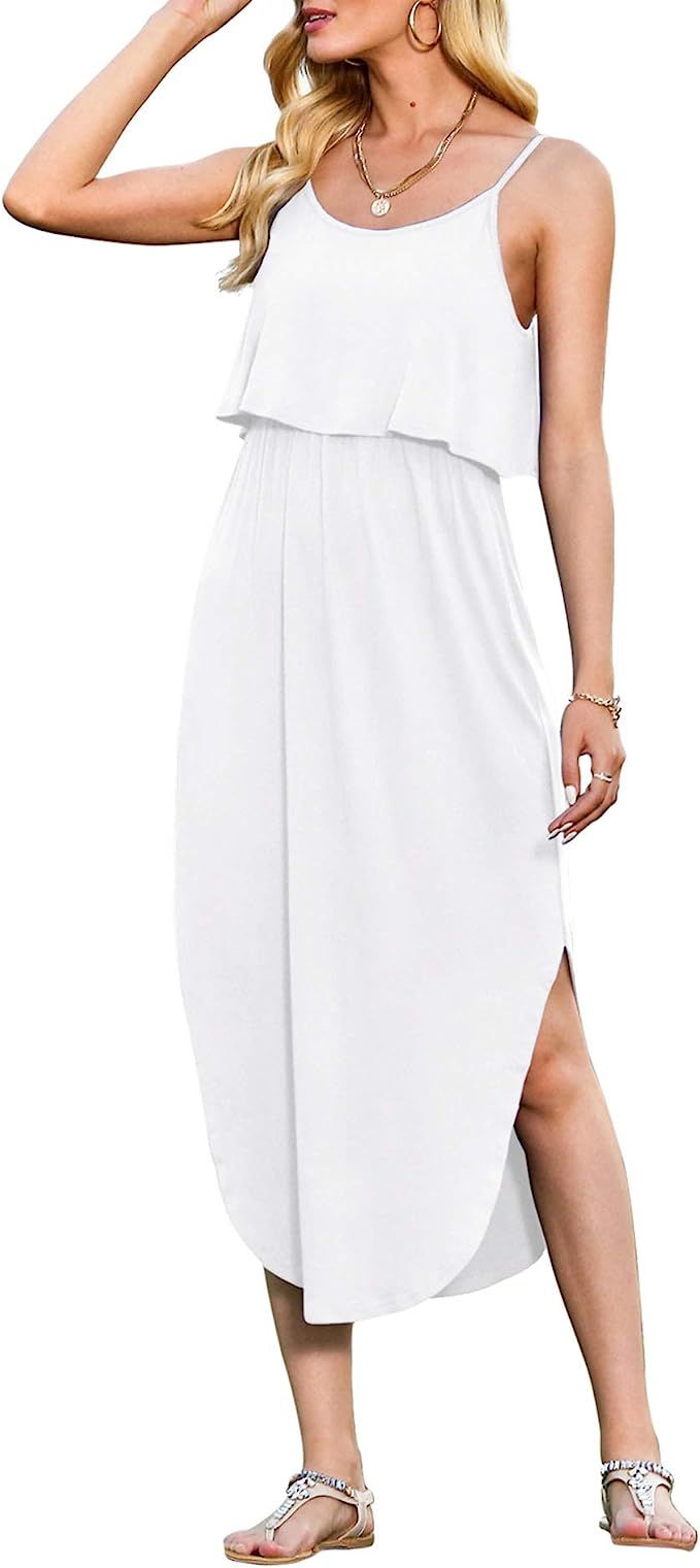 LILBETTER Women's Adjustable Strappy Split Summer Beach Casual Midi Dress | Amazon (US)