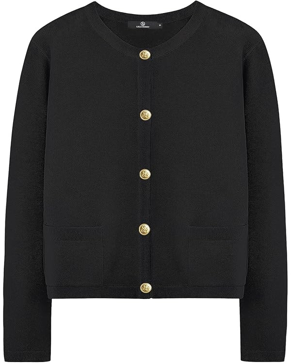 LILLUSORY Women's Casual Dressy Crew Neck Cardigan Sweaters Lady Jacket with Patch Pockets | Amazon (US)
